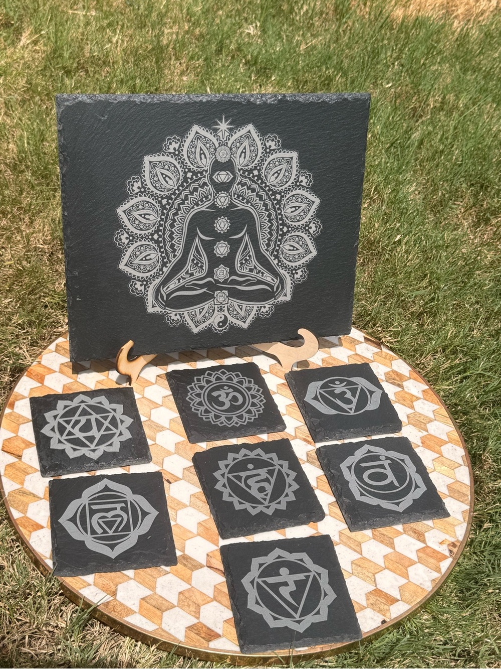 Meditative Chakra Slate Wall Art Set in Black and Silver - Brand: